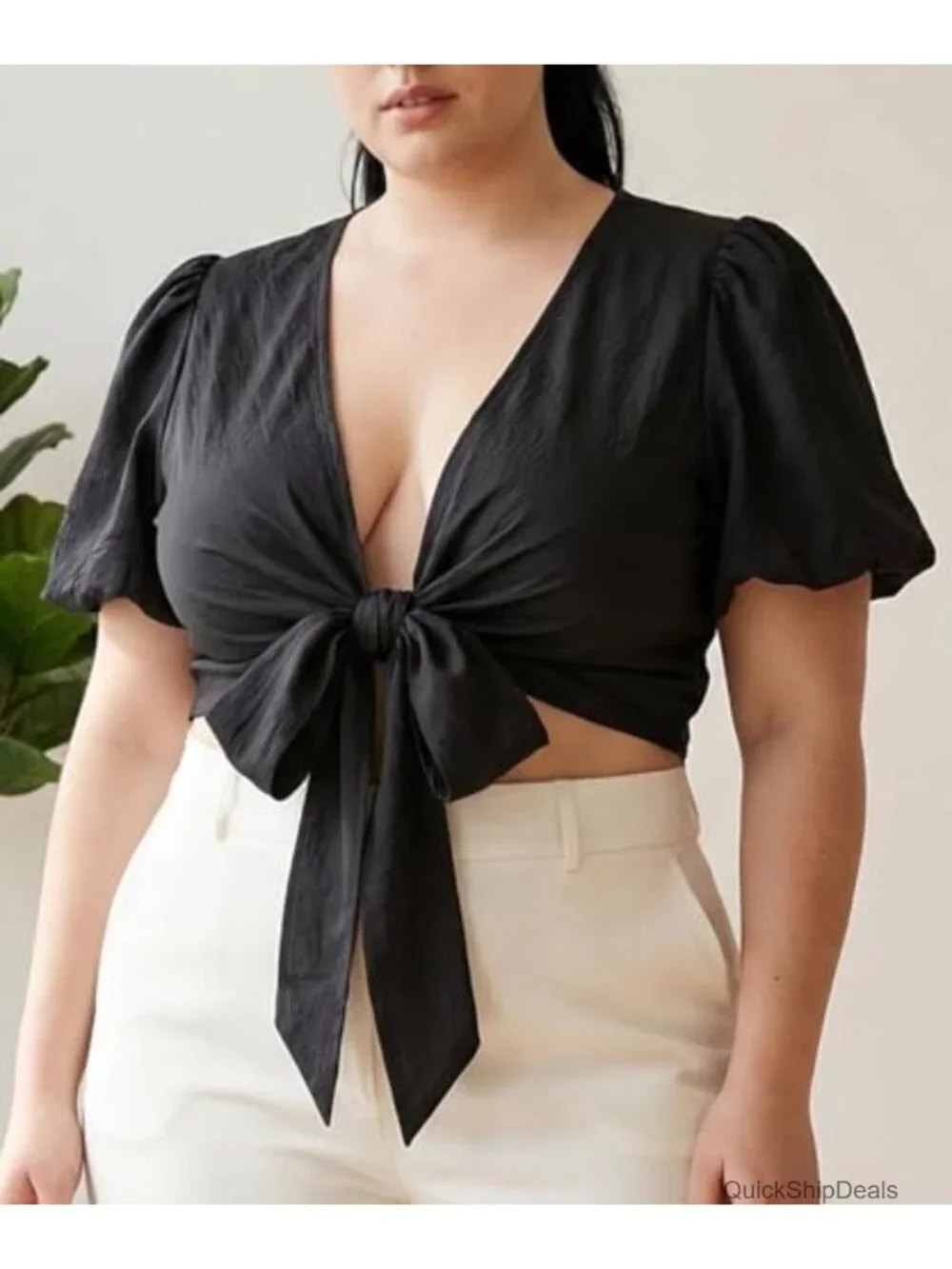 Plus Size Tie Front Crop Top Deep V Neck Puff Sleeve Lyocell Nylon Blouse